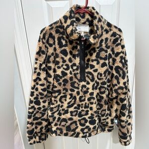 Sincerly Jules Womens Leopard Sherpa QuarterZip - Tan & Black